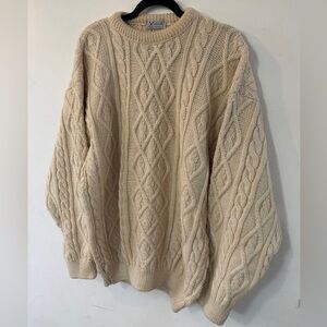 Chunky Cream Fisherman Knotted 100% Wool Textured Vintage Sweater SZ L-XL